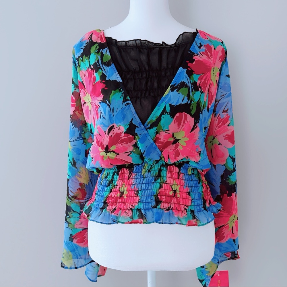 Sunny Leigh Sheer Floral Chiffon Blouse – Smocked Waist Batwing Top